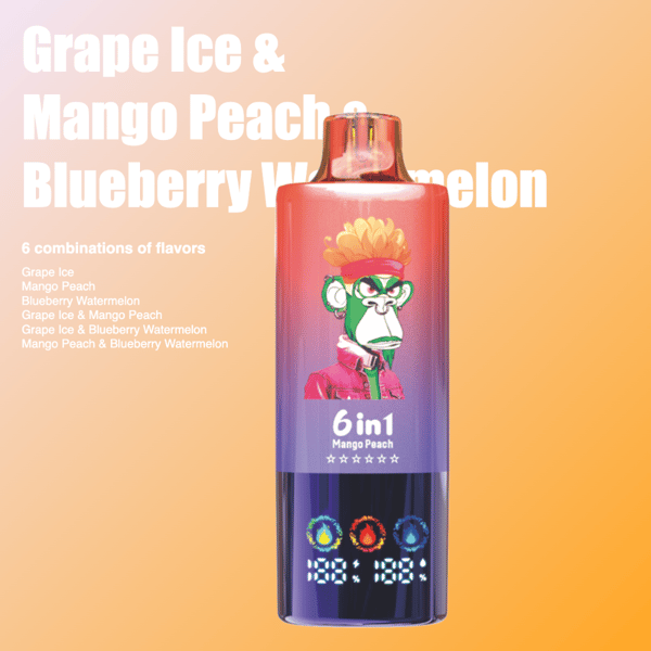 Image promotionnelle d'un stylo vape 6-en-1 coloré présentant des saveurs comme Grape Ice, Mango Peach et Blueberry Watermelon, avec un graphique de singe stylisé sur l'appareil sur un fond orange dégradé.