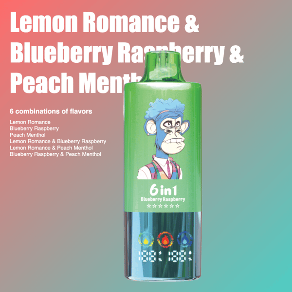 Image promotionnelle d'un appareil de vapotage présentant six combinaisons de saveurs, dont Lemon Romance, Blueberry Raspberry et Peach Menthol, avec un dessin représentant un chimpanzé de dessin animé en tenue formelle, sur un fond dégradé.