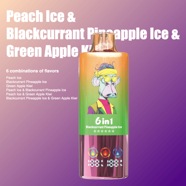 Un produit de vape coloré étiqueté ' 6 en 1 ' avec six combinaisons de saveurs affichées, dont ' Peach Ice ' et ' Blackcurrant Pineapple Ice ', avec un emballage artistique au design vibrant et une illustration d'un singe stylisé portant des accessoires colorés.