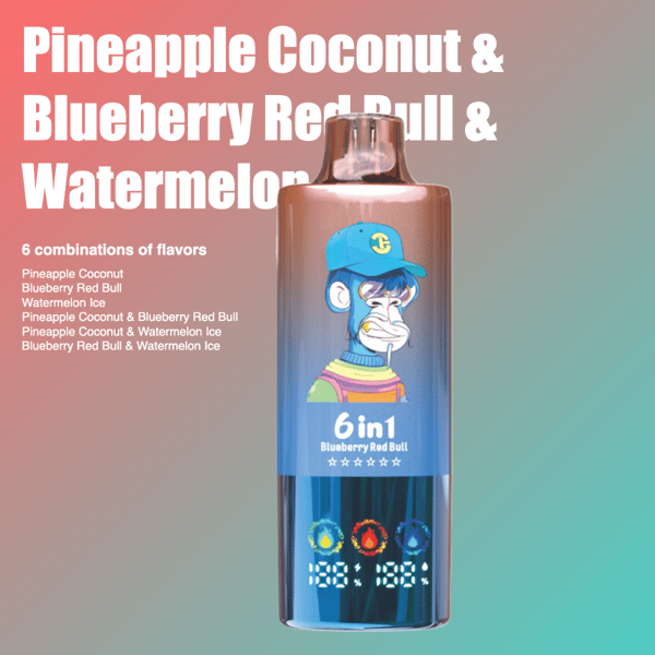 Une bouteille d'e-liquide aux couleurs dégradées représentant un singe illustré portant un capuchon, étiquetée ' 6 en 1 Blueberry Red Bull ' avec six combinaisons de saveurs répertoriées et des icônes colorées en bas.