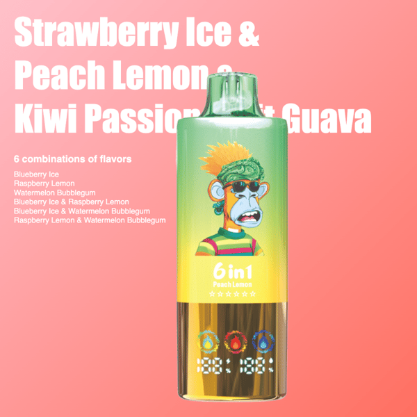 Un appareil de vape coloré avec un design artistique de singe, présentant de multiples combinaisons de saveurs telles que Strawberry Ice, Peach Lemon et Kiwi Passion Fruit Guava, affichés sur un fond rose.