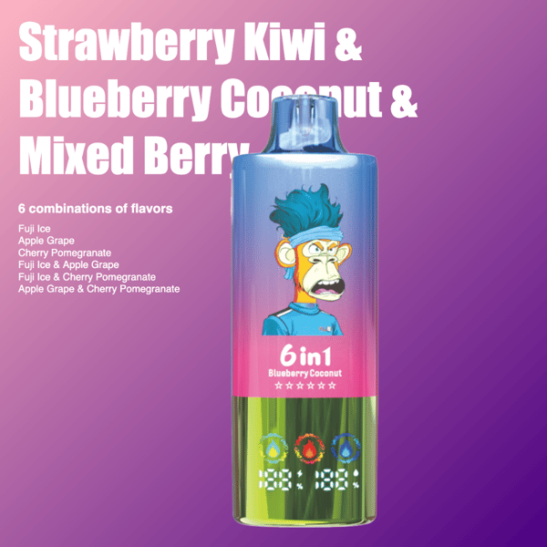 Une image promotionnelle présentant un produit de vape coloré avec le texte ' Strawberry Kiwi & Blueberry Coconut & Mixed Berry ' et ' 6 in 1 Blueberry Coconut ' sur un fond violet dégradé, ainsi que des combinaisons de saveurs.