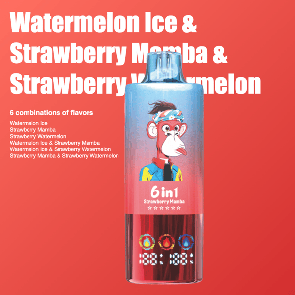 Image d'un produit représentant un récipient cylindrique bleu et rouge présentant un personnage de singe de dessin animé coloré avec des options de saveurs nommées : Pastèque glacée, Fraise Mamba et Fraise Pastèque, faisant la promotion d'un concept de combinaison de saveurs ' 6 en 1 ' avec un système de notation par étoiles et des graphismes éclatants sur fond rouge.