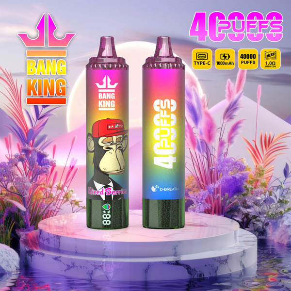 Colorful advertisement featuring two cylindrical vaping devices standing on a reflective platform with floral decorations, labeled "Bang King" and "40000 Puffs," with branding and graphical elements.