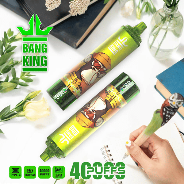 Promotional image showing two green Bang King disposable vape devices featuring a cartoon gorilla wearing a yellow cap, surrounded by flowers and books, highlighting features like 40,000 puffs and Type-C charging compatibility.