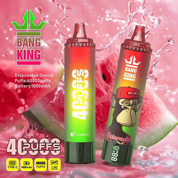 Promotional image for Bang King disposable vape device featuring two designs, highlighted specifications, and imagery of watermelon slices and splashes.