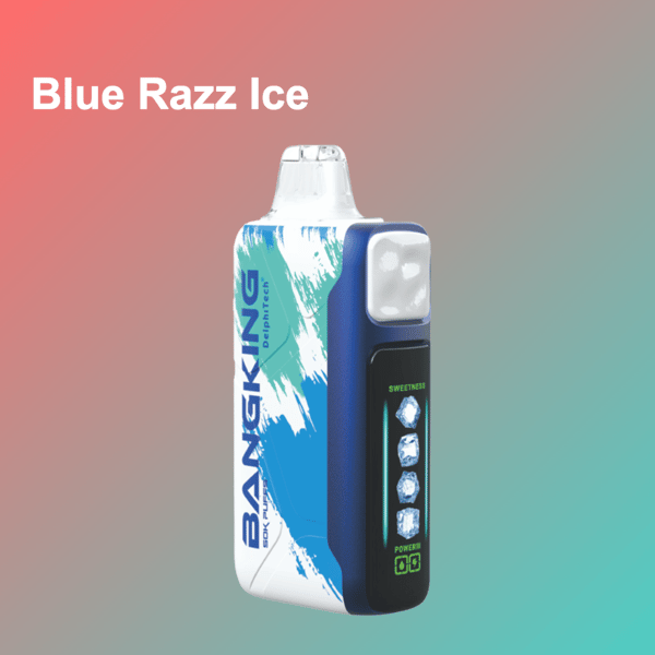 Un mod de vape bleu et blanc avec un panneau d'affichage noir affichant des indicateurs de douceur, positionné sur un fond dégradé rose à bleu sarcelle avec les mots Blue Razz Ice en haut à gauche.