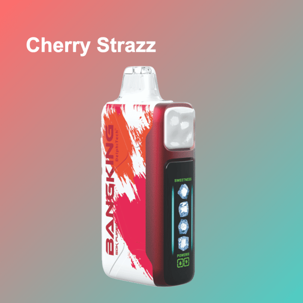 Une vape de style capsule rouge et noire avec un embout buccal transparent et un affichage numérique affichant des indicateurs de douceur et de puissance se trouve à côté d'un emballage rose et blanc sur le thème de la cerise indiquant Cherry Strazz, sur un fond dégradé rose tendre à sarcelle.