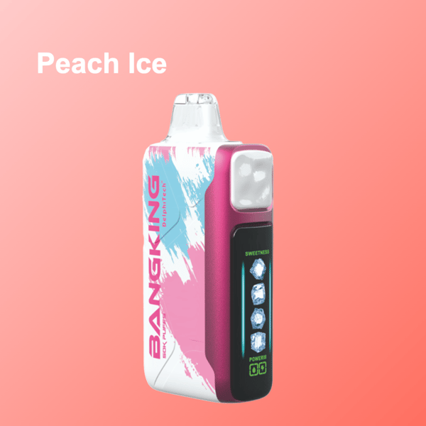 Un appareil à vape rose doté d'un écran numérique affichant des glaçons se trouve à côté d'une boîte blanche et rose avec un motif de coup de pinceau bleu, le tout sur un fond dégradé pêche.