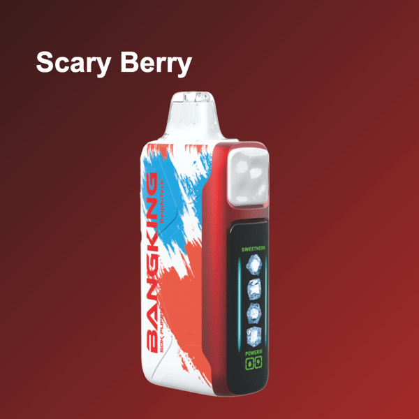 El dispositivo de vapeo rojo y negro con una boquilla de vidrio y un panel de visualización que muestra íconos de dulzura y poder se encuentra junto a una caja blanca con gráficos de salpicaduras de pintura azul y naranja sobre un fondo degradado de color rojo oscuro, con las palabras Scary Berry en blanco en la parte superior izquierda.