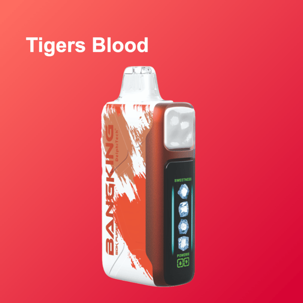 Appareil à vape avec un embout blanc et un corps marron à côté d'un grand emballage blanc et orange étiqueté Tigers Blood, sur un fond dégradé rouge.