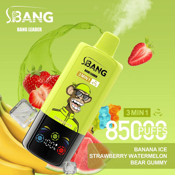 Promotional image for SBang Bang Leader vape showcasing a banana ice flavor, featuring a bright green device with a cartoon monkey logo, surrounded by colorful fruits like bananas, strawberries, watermelons, and gummy bears, emphasizing 85000 puffs and 3 flavors in 1.