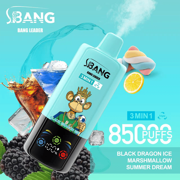 Promotional image for the Bang Leader 3-in-1 vape device featuring the Black Dragon Ice, Marshmallow, and Summer Dream flavors, with vibrant fruit, ice, and drink visuals on a blue background.