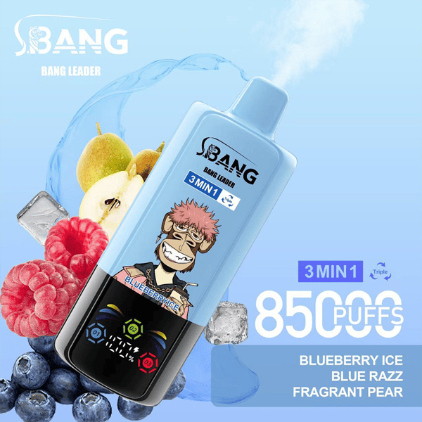 Promotional image of the Bang Leader 3-in-1 vape featuring a cartoon monkey graphic, with flavor options Blueberry Ice, Blue Razz, and Fragrant Pear, against a bright background with fruits and smoke effects.