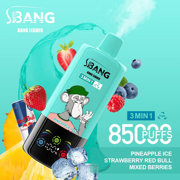 Promotional image featuring a turquoise vaping device titled 'Bang Leader 3 Min 1' with flavors Pineapple Ice, Strawberry Red Bull, and Mixed Berries, accompanied by fruit illustrations and 8500 PUFFS text on an aqua background.