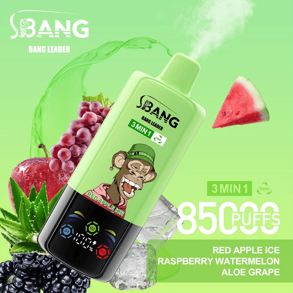 Promotional image for the S.Bang Bang Leader vape device featuring a green and black design, fruit illustrations including grapes and watermelon, branding, and a cartoon monkey graphic labeled 'Red Apple Ice.'