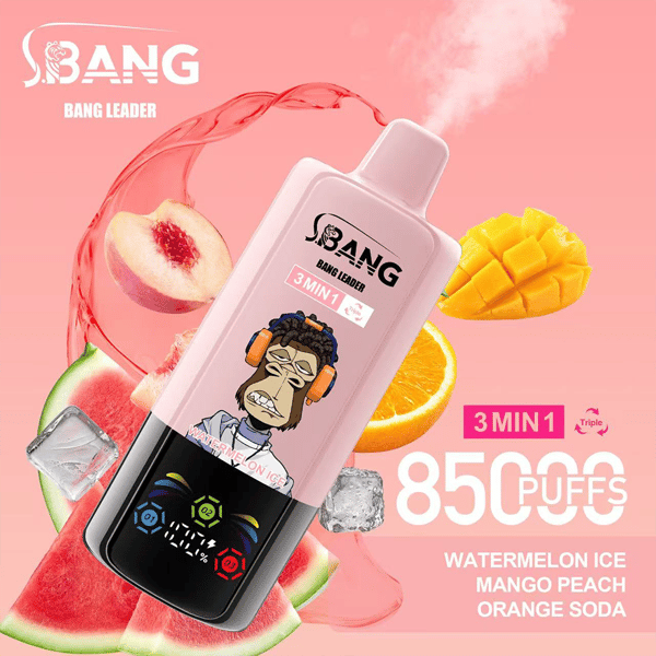A promotional image showcasing a Bang Leader vape device featuring a gorilla illustration, flavors like Mango Peach and Watermelon Ice, and highlights such as 8500 puffs capacity and triple flavor option.