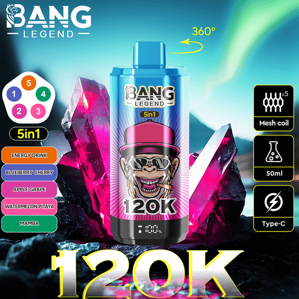 Image promotionnelle représentant un appareil de vape coloré appelé Bang Legend 120K, entouré d'un paysage cristallin vibrant, mettant en valeur les saveurs et les détails techniques tels que les options 5-en-1, notamment Energy Drink et Blueberry Cherry, avec des fonctionnalités telles que la bobine maillée et le chargement de type C.