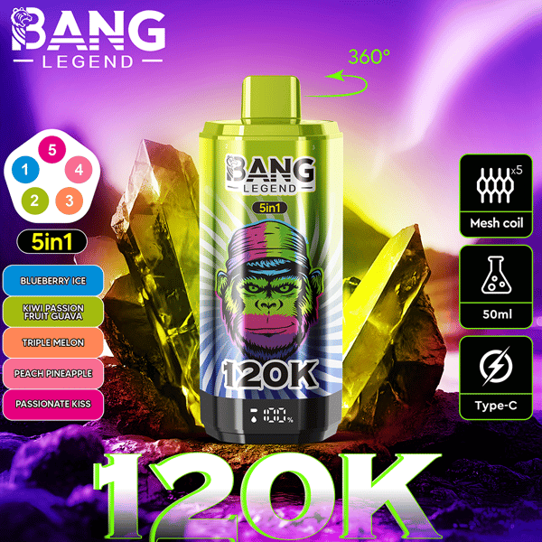 Image promotionnelle de la vape Bang Legend 5in1 avec un emballage vert et violet avec un logo de gorille, entouré de cristaux colorés et d'icônes de saveur, mettant en évidence des caractéristiques telles que 120 000 bouffées, une bobine en maille, une capacité de 50 ml, une charge de type C et cinq saveurs fruitées.