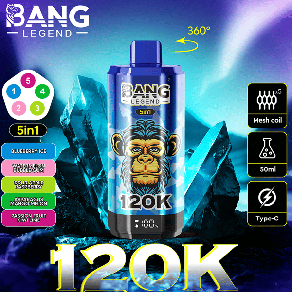 Graphique promotionnel coloré présentant l'appareil de vape Bang Legend 5-en-1, avec un emballage élégant avec une illustration de singe, des options de saveurs et des spécifications techniques telles que la bobine maillée et la compatibilité USB Type-C, sur un fond glacé et vibrant.