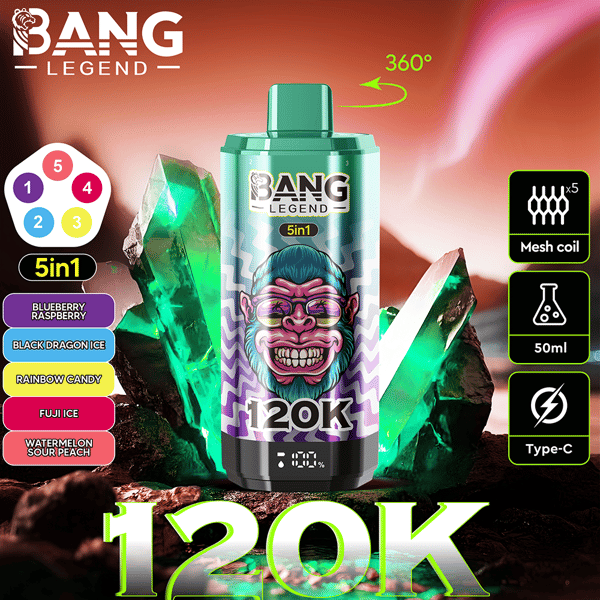 Image promotionnelle d'un produit de vapotage Bang Legend 5-en-1 présentant un récipient vert et violet avec des décorations cristallines, entouré de détails du produit tels que des arômes, la technologie Mesh Coil, une capacité de 50 ml, une charge de type C et 120 000 bouffées affichées sur un fond vibrant.