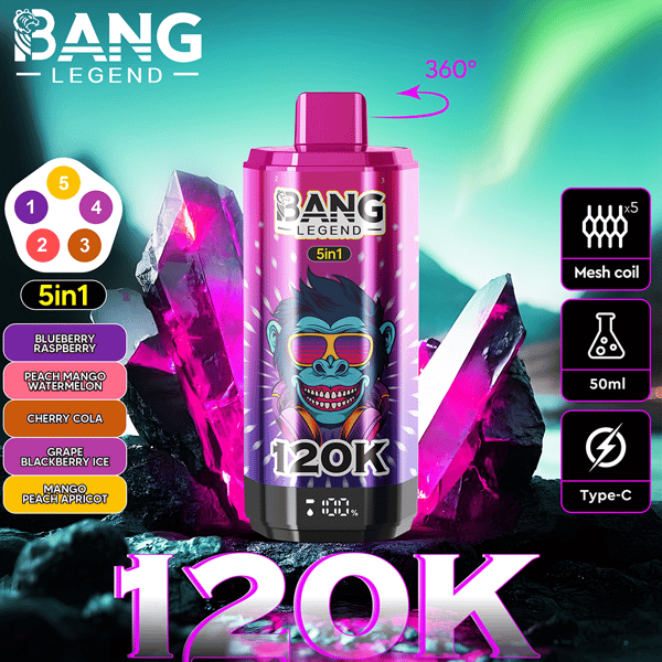 Image promotionnelle pour le vape Bang Legend 120K présentant un design coloré avec un gorille de style dessin animé portant des lunettes de soleil, ainsi que des fonctionnalités mises en évidence, notamment des saveurs 5 en 1, une technologie de bobine en maille, une capacité de 50 ml, une connectivité de type C et un fond de cristal vibrant.