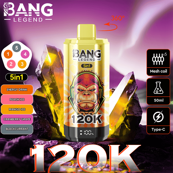 Image promotionnelle du produit de vape 5-en-1 BANG Legend, présentant un appareil de vape jaune entouré de cristaux brillants, avec des fonctionnalités telles qu'une capacité de 50 ml et un chargement de type C bien en évidence.