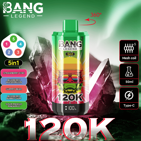 Image promotionnelle pour l'appareil de vapotage 5-en-1 Bang Legend présentant un appareil de couleur verte avec un design coloré et une superposition de texte de 120 000 $, des saveurs répertoriées, une bobine maillée, une capacité de 50 ml et des détails de chargement de type C sur un fond vibrant.