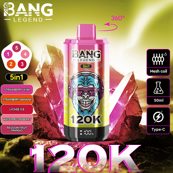 Publicité colorée pour le vape Bang Legend 120K 5-en-1, présentant un design de récipient lumineux avec une illustration stylisée d'une tête de singe portant des lunettes de soleil et des écouteurs, et des saveurs de fruits répertoriées comme Strawberry Kiwi et Lychee Ice.