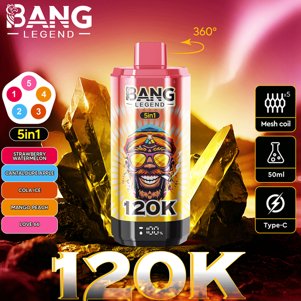 Image promotionnelle présentant l'appareil de vapotage Bang Legend 5in1 avec des saveurs, des icônes techniques telles que la bobine maillée et le chargement de type C, entouré de pierres précieuses vibrantes et le texte en surbrillance ' 120K '.