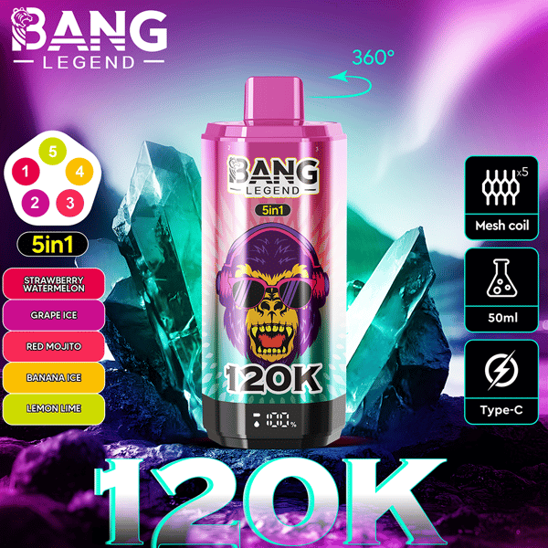 Bang Legend 5-in-1 vape デバイスのプロモーション グラフィック。ゴリラのロゴが付いた鮮やかなデザインが特徴で、フレーバーやメッシュ コイル、50 ml 容量、Type-C 充電などの仕様のハイライトに囲まれています。.