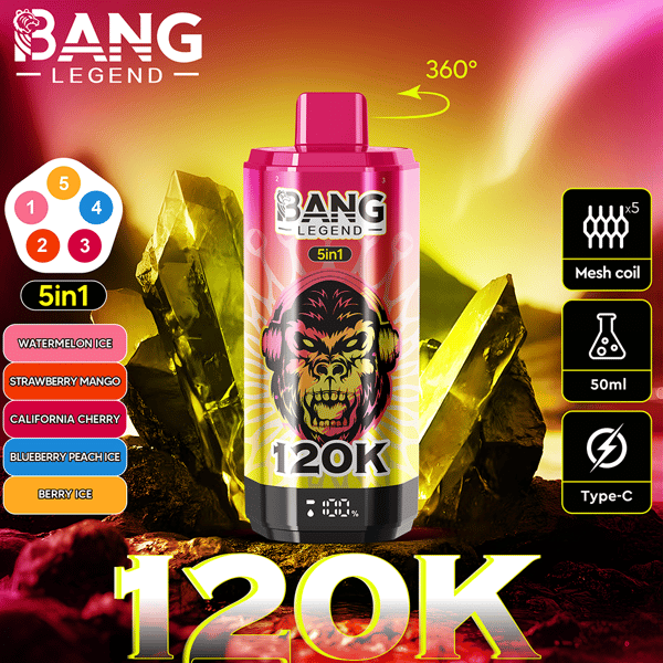Graphique marketing pour l'appareil de vape Bang Legend 5-en-1 doté d'une capacité de 120 000 $, d'une technologie de bobine maillée, d'une charge de type C, d'un fond en cristal jaune vif avec les options de saveur répertoriées.