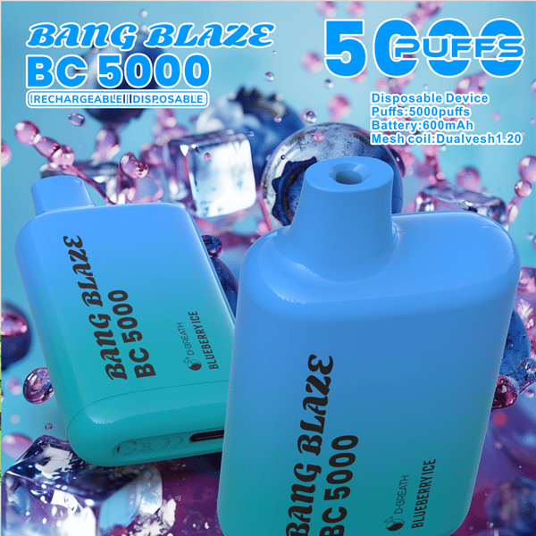 Close-up promotional image of two blue-green Bang Blaze BC 5000 disposable vape devices labeled Blueberry Ice, with large text advertising 5000 puffs and specifications, set against a backdrop of ice cubes and blueberries.