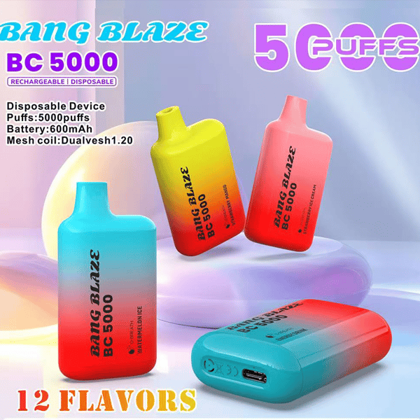 Colorful Bang Blazé BC 5000 disposable vape devices in gradient blue-to-pink and yellow-to-orange hues, arranged around a teal USB-C charging case with the label 12 FLAVORS.