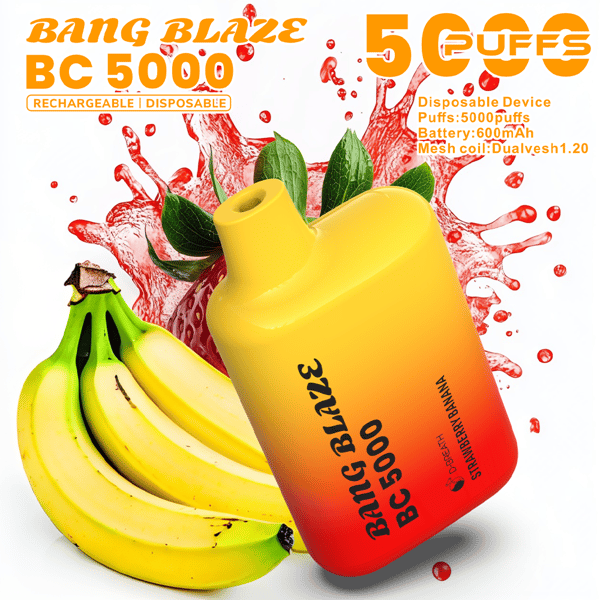 Bright yellow to orange gradient Bang Blaze BC5000 disposable vape device angled beside a bunch of bananas with a red splash background.