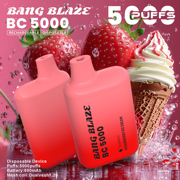 Dos dispositivos de vapeo desechables Bang Blaze BC5000 de color rosa se ubican sobre un fondo de fresa y helado, destacando 5000 inhalaciones y un diseño desechable recargable.