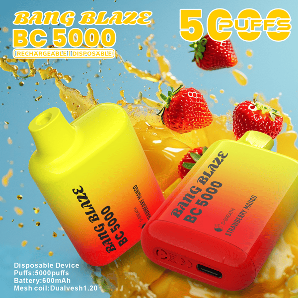 Two Bang Blaze BC 5000 disposable vape devices in yellow-to-red gradients (one yellow, one red) labeled for 5000 puffs and strawberry mango flavor, set against a splash of juice with fresh strawberries in the background.