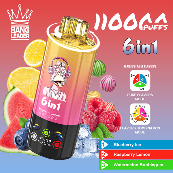 Vape jetable colorée Bang Leader 6in1 avec un corps dégradé rose à noir et un logo de singe, entouré de citrons, de pastèques, de framboises et de myrtilles, annonçant 1 100 bouffées et six saveurs, avec le mode Saveurs pures et le mode Combinaison de saveurs.