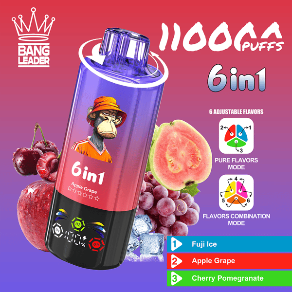 Une bouteille de vape à dégradé violet étiquetée 6in1 se trouve sur un fond de fruits composé de cerises, de raisins et d'une tranche de pastèque, avec la marque Bang Leader et des icônes indiquant les modes de saveur et une liste de trois saveurs : Fuji Ice, Apple Grape et Cherry Pomegranate.