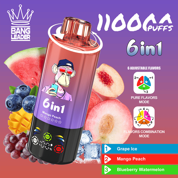 Appareil à vape Bang Leader 6in1 Mango Peach centré sur un fond dégradé violet, entouré de tranches de pastèque, de myrtilles, de mangue, de raisin et de pêche, avec du texte et des icônes indiquant six saveurs réglables et options de mode de saveur.