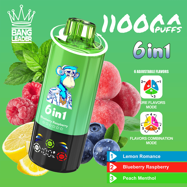 Publicité Bang Leader vert vif pour un appareil de vape 6 en 1 vert incliné représentant un singe de dessin animé, entouré de citrons, de framboises, de myrtilles et de pêches, avec des options de saveur Romance au citron, Framboise aux bleuets et Pêche mentholée.
