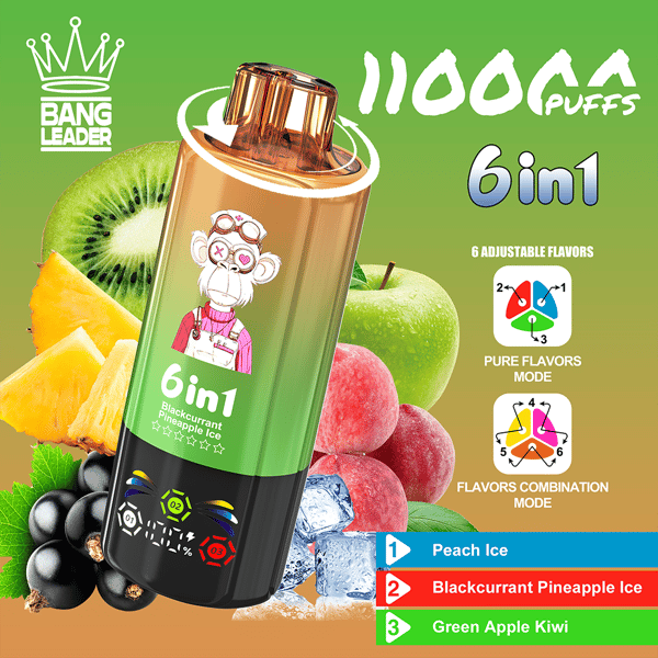 Bannière promotionnelle Bang Leader vert vif avec une bouteille de vape 6 en 1 inclinée étiquetée Blackcurrant Pineapple Ice, entourée de kiwi, d'ananas, d'une pomme verte et de raisins, et d'icônes pour 6 saveurs et modes de saveur réglables.