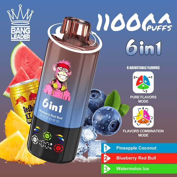 Bouteille de vape 6 en 1 au goût Blueberry Red Bull et un singe de dessin animé aux cheveux roses, entouré de pastèque, d'ananas et d'autres fruits avec le logo de la couronne Bang Leader sur un fond dégradé bleu à marron.