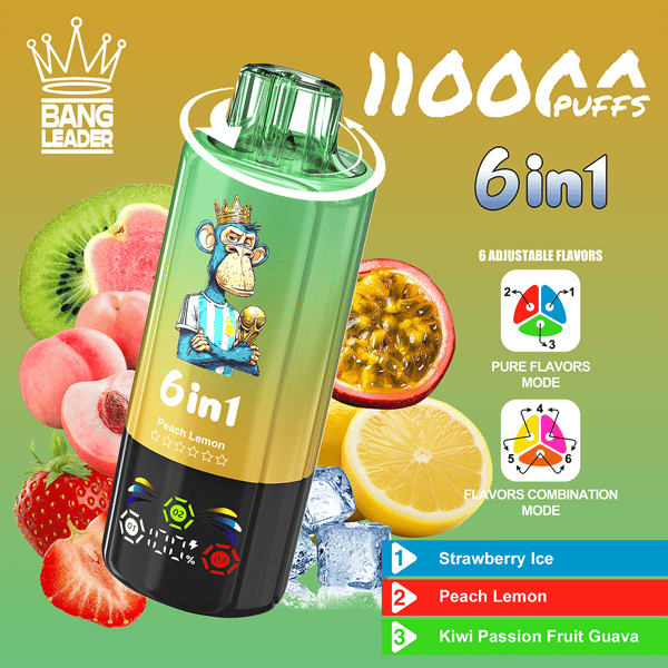 Un appareil de vape cylindrique vert avec une couronne du logo Bang Leader et la marque ' 6in1 ' s'incline en diagonale, sur un fond dégradé avec du kiwi, de la pêche, de la fraise, du fruit de la passion et du citron pour mettre en valeur six saveurs et modes de saveur réglables.