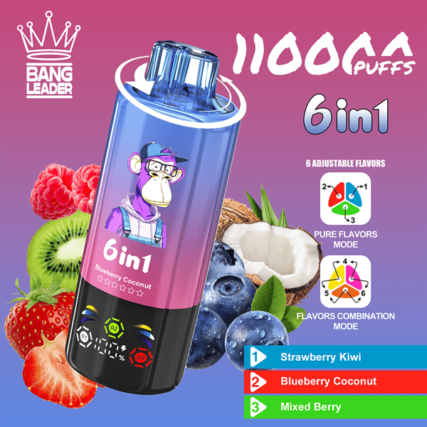 Publicité de vape jetable 6 en 1 Bright Bang Leader présentant une bouteille bleu à violet avec un singe de dessin animé, parmi les framboises, le kiwi, la noix de coco et les myrtilles, avec une étiquette ' 6 en 1 ' audacieuse et une gamme de saveurs comprenant fraise kiwi, myrtille noix de coco et baies mélangées.