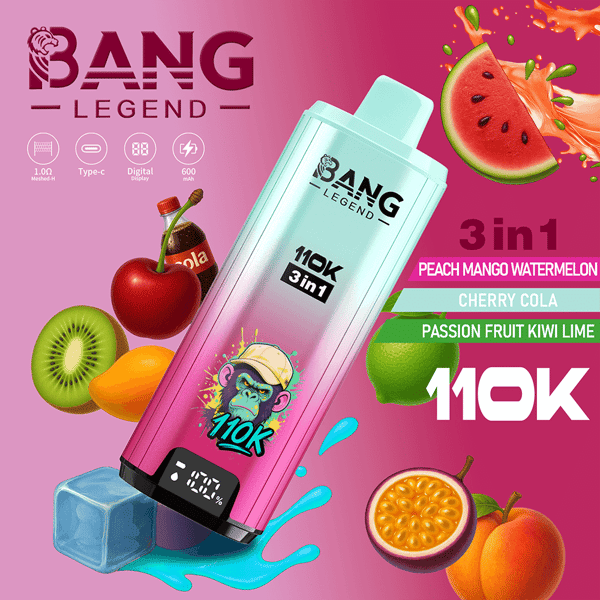 Pubblicità Bang Legend in rosa brillante per una bottiglia da vaporizzatore 3 in 1 al gusto di frutta rosa turchese da 110K, angolata in diagonale con la grafica di una scimmia cartoon, circondata da frutta a fette come anguria, kiwi, ciliegia, frutto della passione, lime e pesca, con schizzi blu ed etichette aromatiche Peach Mango Watermelon, Cherry Cola e Passion Fruit Kiwi Lime.