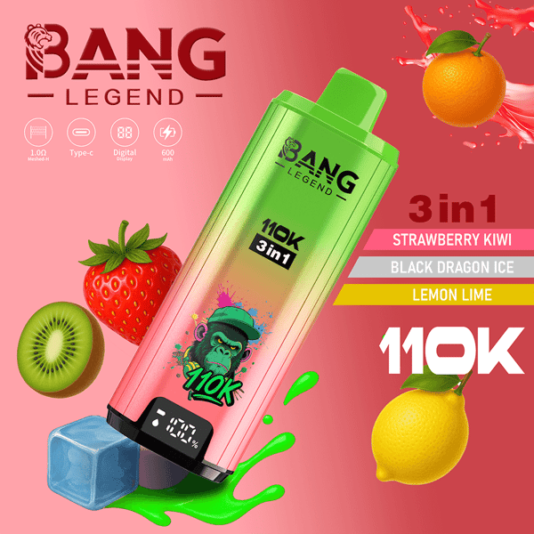 Farbenfrohe Bang Legend 3-in-1-Vape-Flasche mit rosa-gelbem Farbverlauf, beschriftet mit 110K und den drei Geschmacksrichtungen Strawberry Kiwi, Black Dragon Ice und Lemon Lime, dargestellt mit Fruchtakzenten auf rosa Hintergrund.