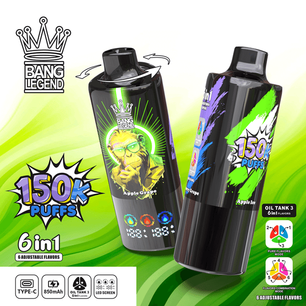 Deux appareils de vape noirs avec des graphismes vert fluo et violets s'appuient sur un fond citron vert vif, avec la marque Bang Legend et une étiquette bien visible de 150 000 Puffs ainsi qu'une promotion de saveurs 6 en 1.