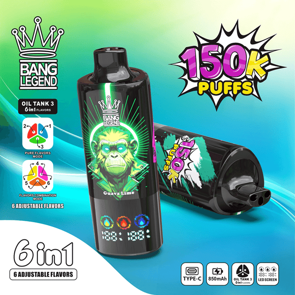 Image promotionnelle pour le vape Bang Legend montrant une bouteille noire de Guava Lime avec un logo couronne en néon vert, une deuxième cartouche à côté, un graphique lumineux ' 150 000 Puffs ' et des icônes indiquant six saveurs réglables.