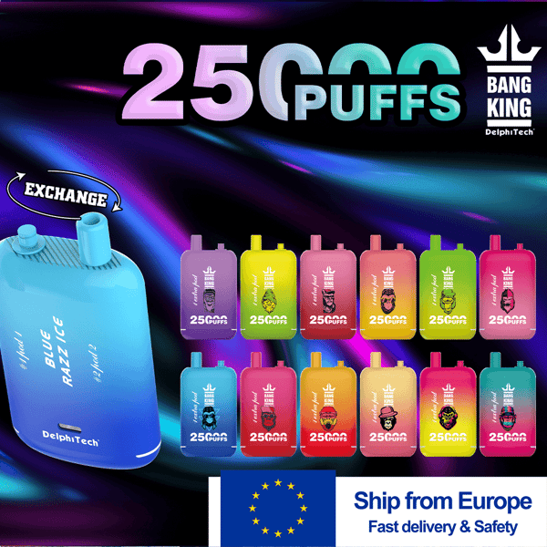 Colorful promotional banner featuring a large blue DelphiTech 'exchange' bottle on the left and a row of multicolored Bang King vape pods labeled 25,000 puffs, with an EU flag and 'Ship from Europe' caption at the bottom.